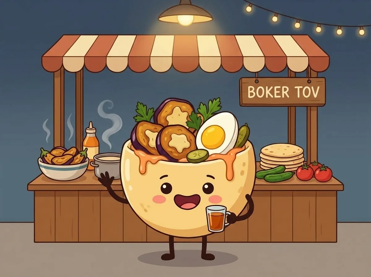 AI Sabich: a cheerful stuffed pita with fried eggplant and a hard-boiled egg peeking out, who runs Boker Tov, his sabich stand in the shuk, under a sign that reads Boker Tov